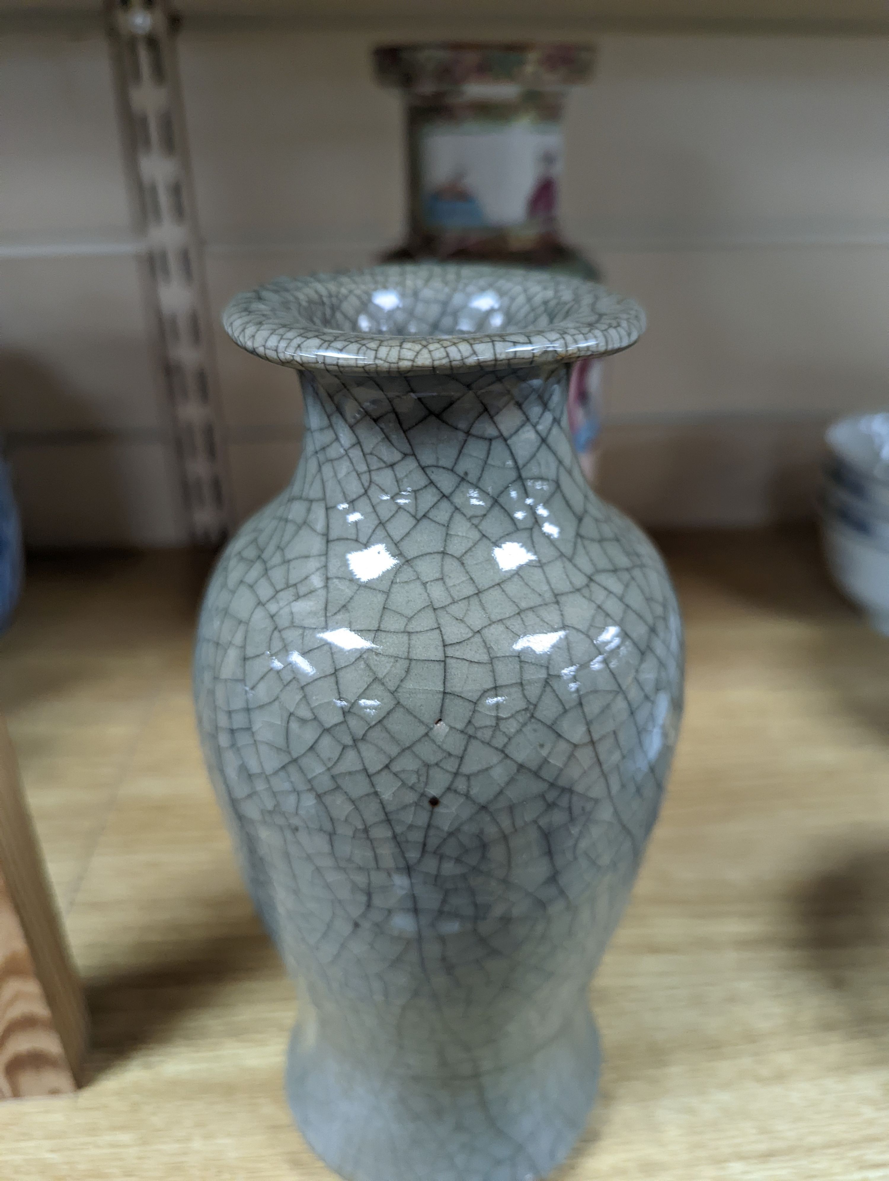 Two Chinese famille rose vases and a Celadon crackle glazed vase, 19th-century and later, tallest 25 cm